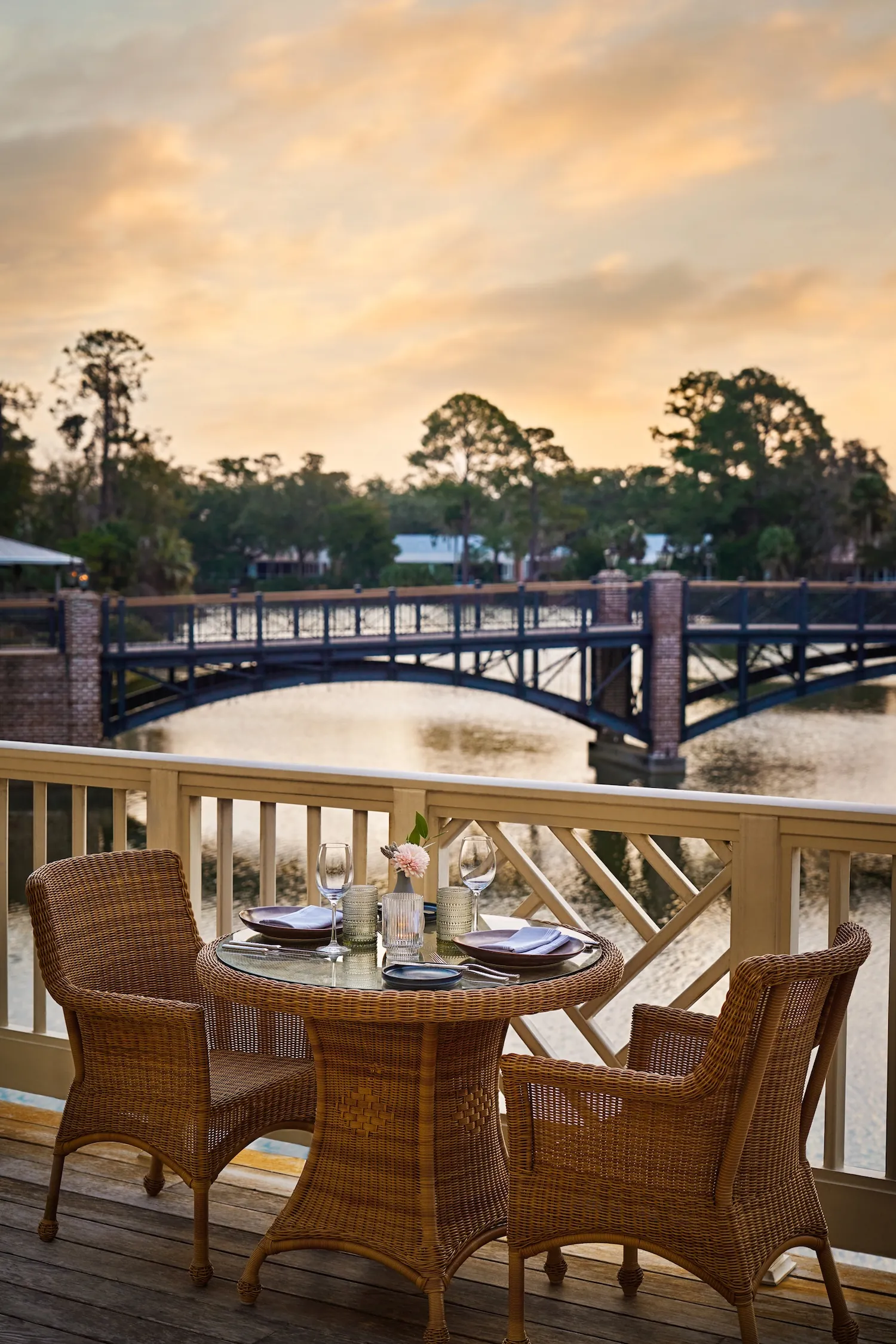 Table setting for two at Octagon on the patio