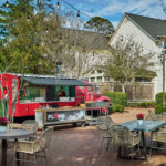 Tables outdoor in front of FLAME pizza