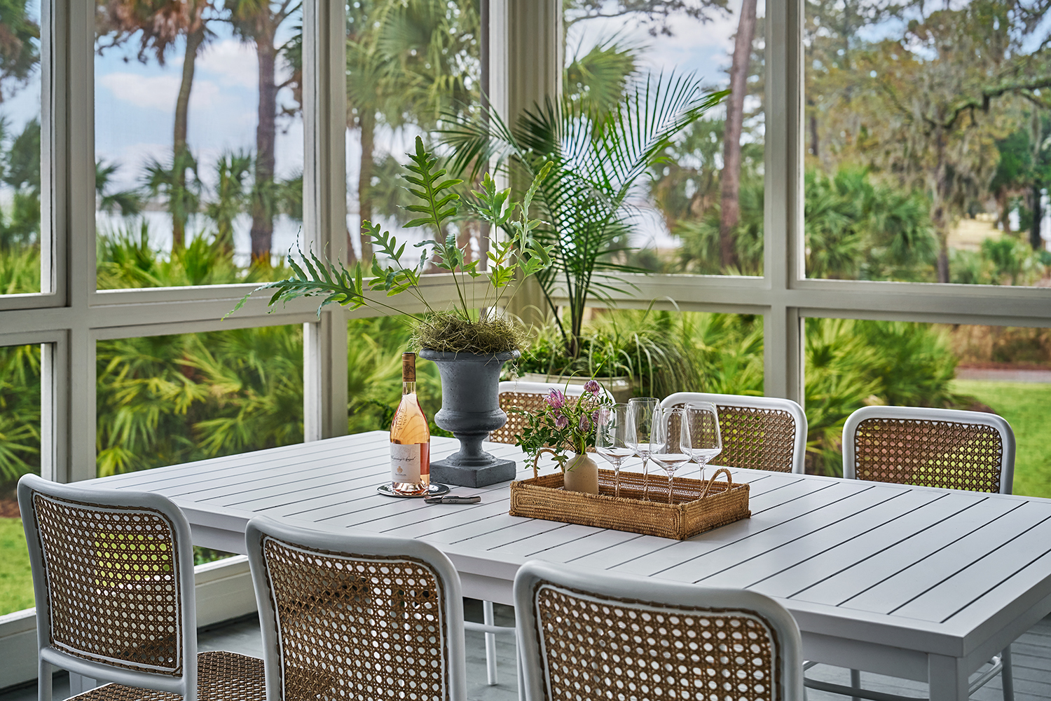 Bottle of Rose Wine & Glasses on the River House Screen Porch