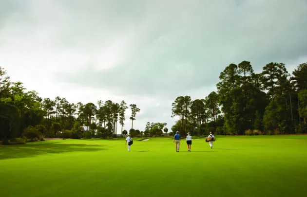 Four people walking on a golf course at Montage Palmetto Bluff